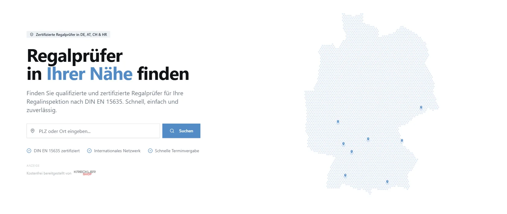 Startseite von Regalkontrolle.de mit Regalprüfer-Suche